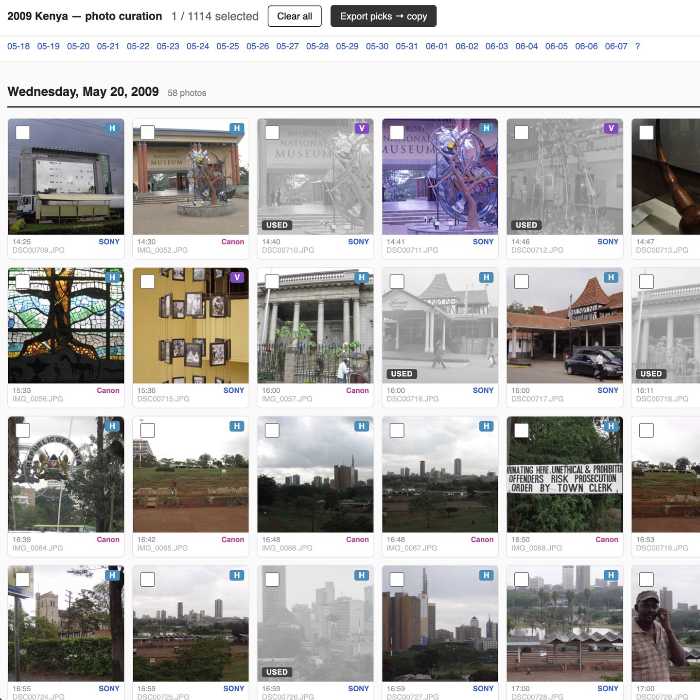 The photo curation page: a grid of thumbnails from May 20, 2009, each tagged with its time, camera, orientation, and whether it had already been used.