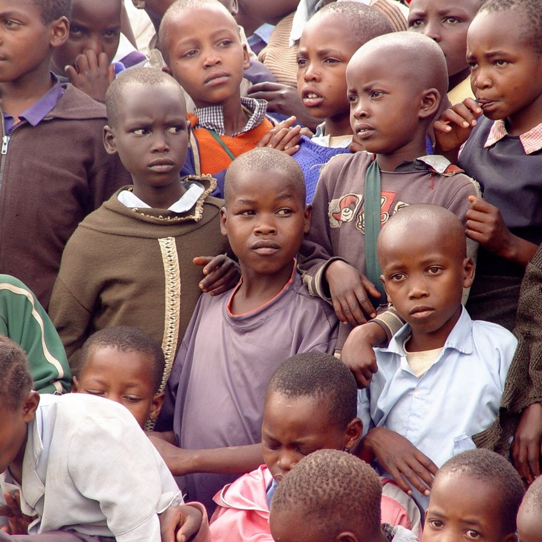 Schoolchildren gathered in a village on the 2009 Kenya mission trip.