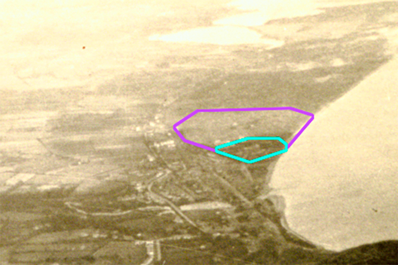 An aerial photo of Newcastle my grandfather took from this vantage in the Mournes, the same links and hotel outlined to match.