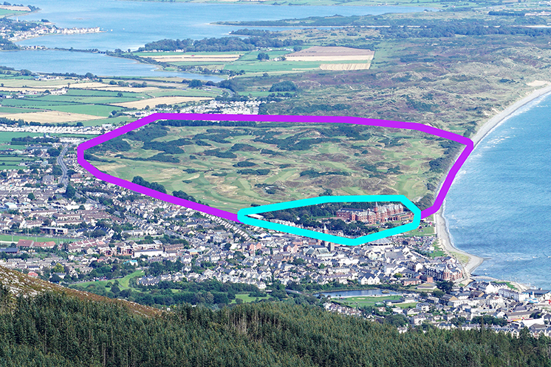 A present-day aerial view of Newcastle, County Down, from the Mourne Mountains, with the golf links outlined in purple and the Slieve Donard hotel in cyan.