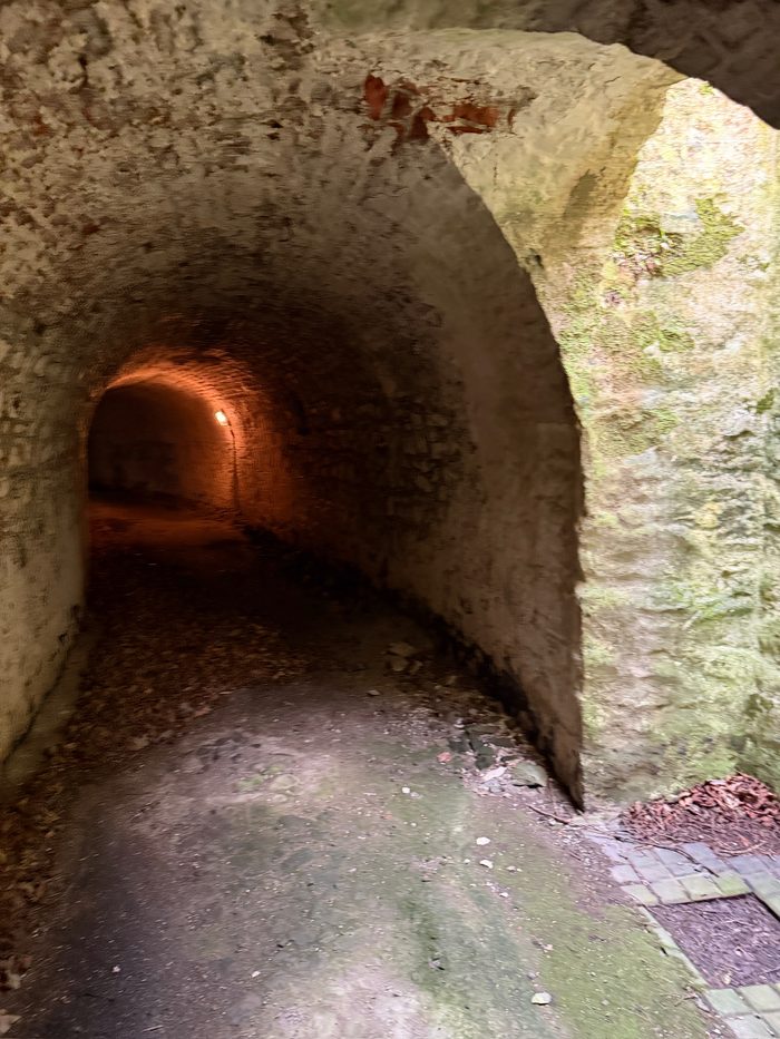Two figures walking away down a stone-vaulted corridor toward a bright archway.