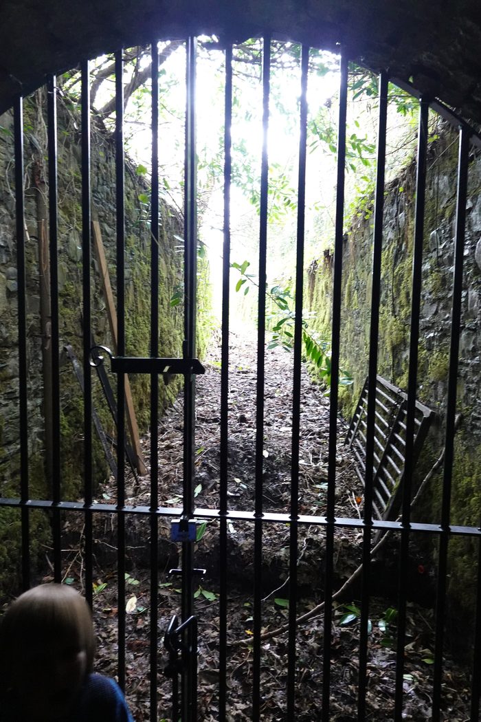 Looking out through a locked iron gate at the far end of a mossy passage, daylight and greenery beyond.