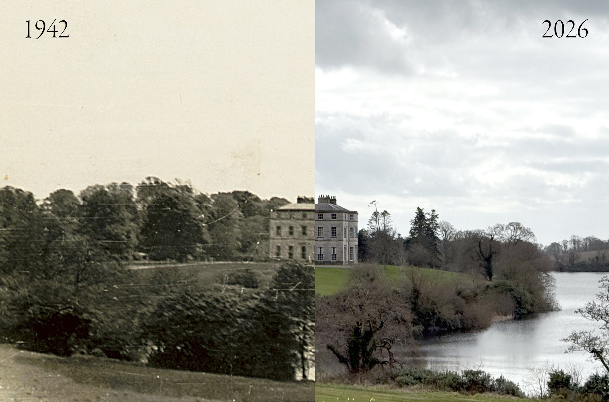 A split image: my grandfather's 1942 photograph of Seaforde House on the left, my own 2026 photograph from the same spot on the right.