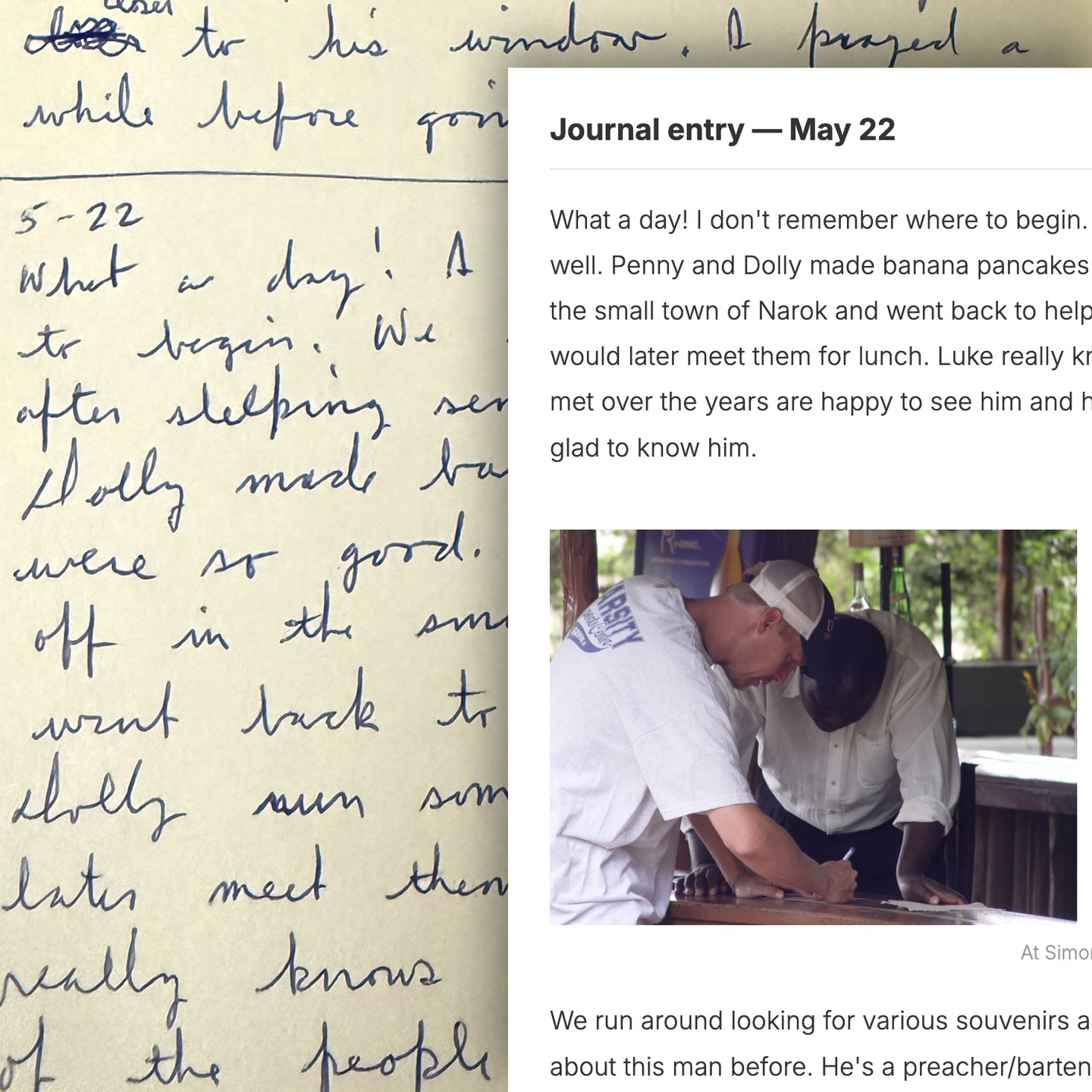 A handwritten journal page beside its transcribed entry on the finished web page.